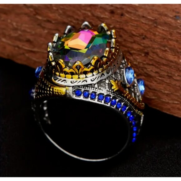 Stunning Large Multi-Colored Silver Ring Women Men Size 8 - Picture 3 of 6